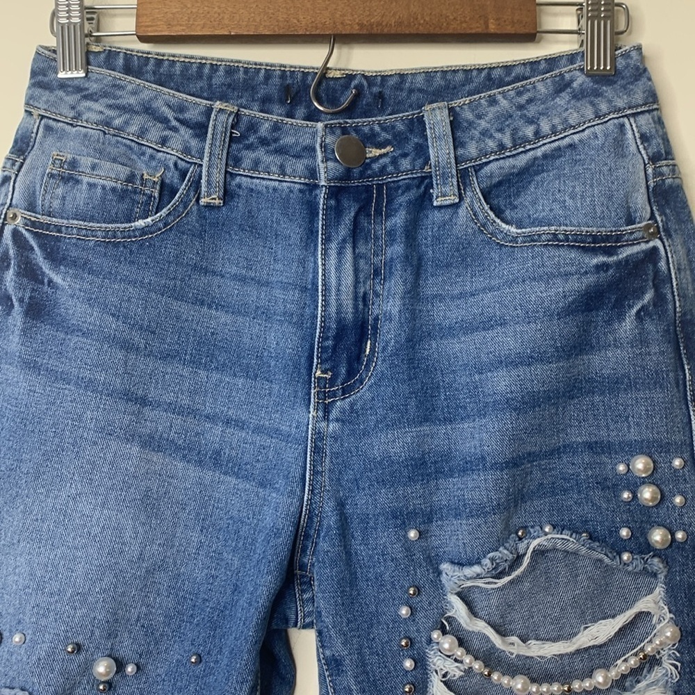Forever 21 | Blue Denim Pearl Detail Distressed Western Bridal Wedding Jeans S - Picture 10 of 17